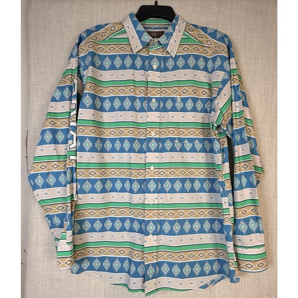 ARIAT Aztec Print Long Sleeve ButtonUp Western Embroidered Shirt Mens M Teal